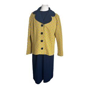 Vintage Garth Suit Dress Jacket Yellow Navy Blue Knit Womens Size 18 Retro Bold